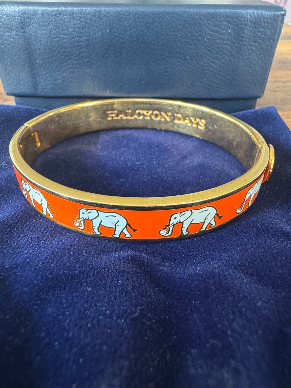 Halcyon Days Orange Elephant Enamel Bangle Bracelet with crystal/diamond accent